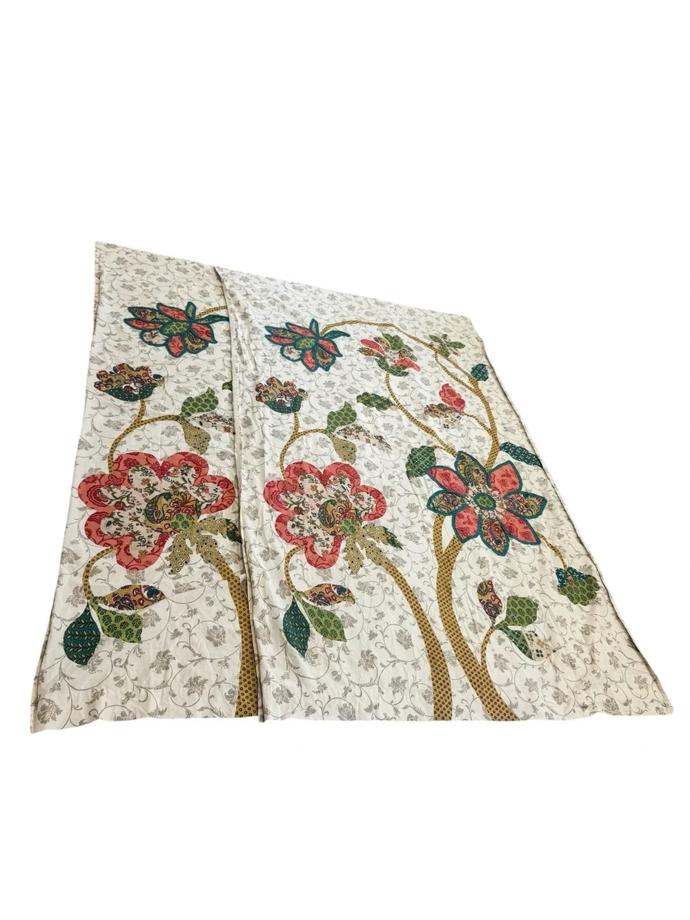 Pier 1 Boho Floral Patchwork Applique Panel Curtain Set 2 Blue Coral Multi 82x52